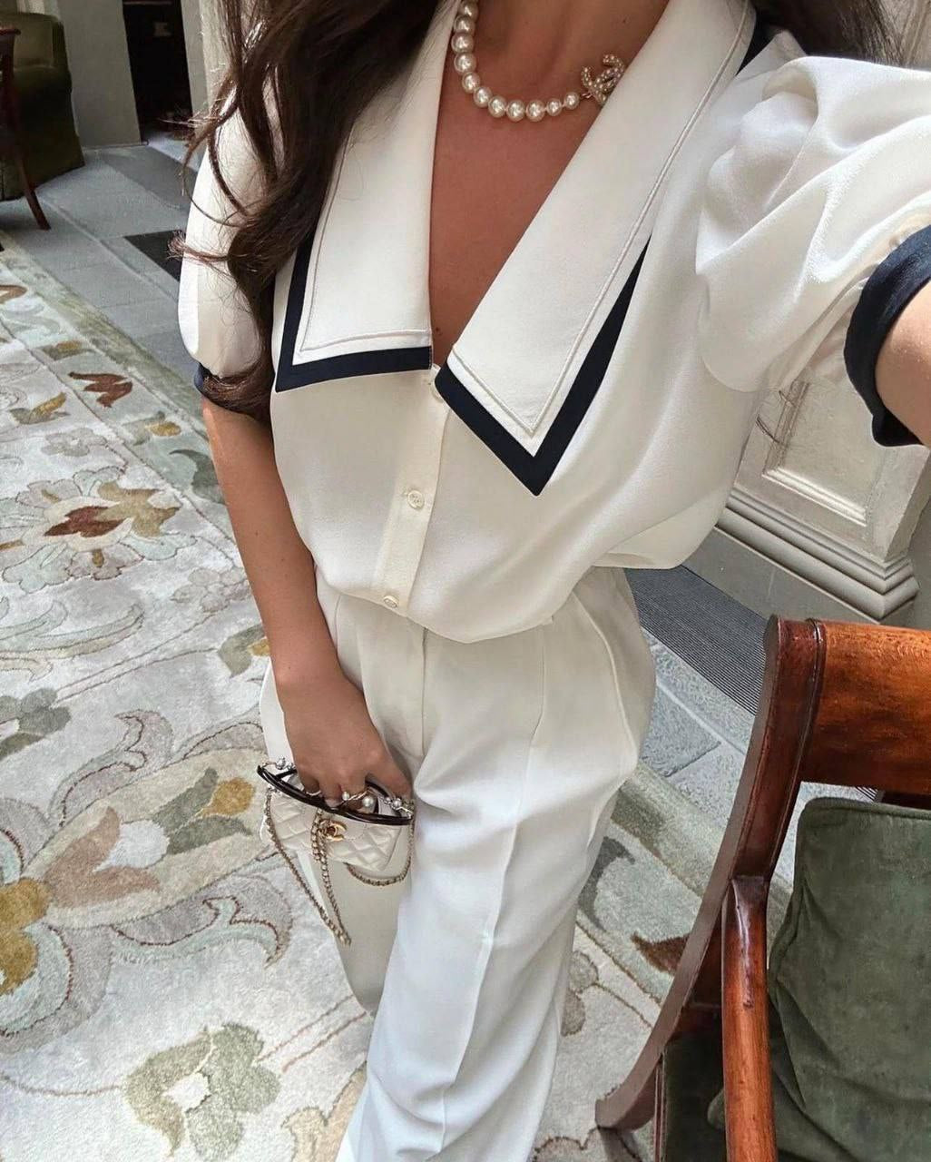 Monica short sleeve blouse and wide fit pants set