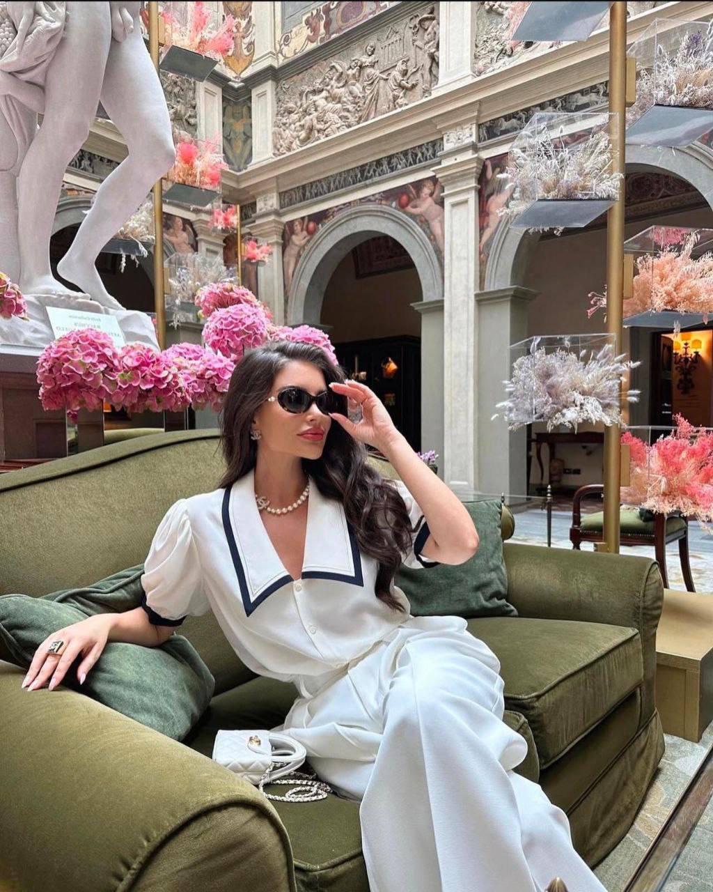Monica short sleeve blouse and wide fit pants set