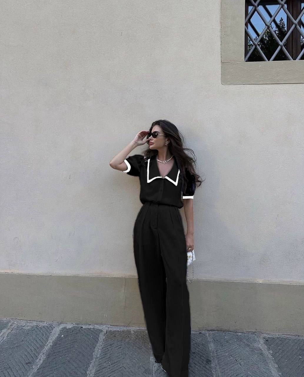 Monica short sleeve blouse and wide fit pants set