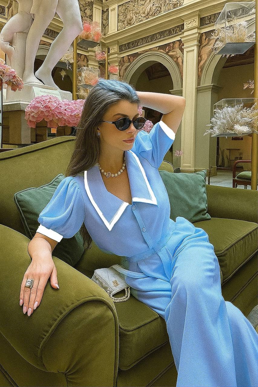 Monica short sleeve blouse and wide fit pants set