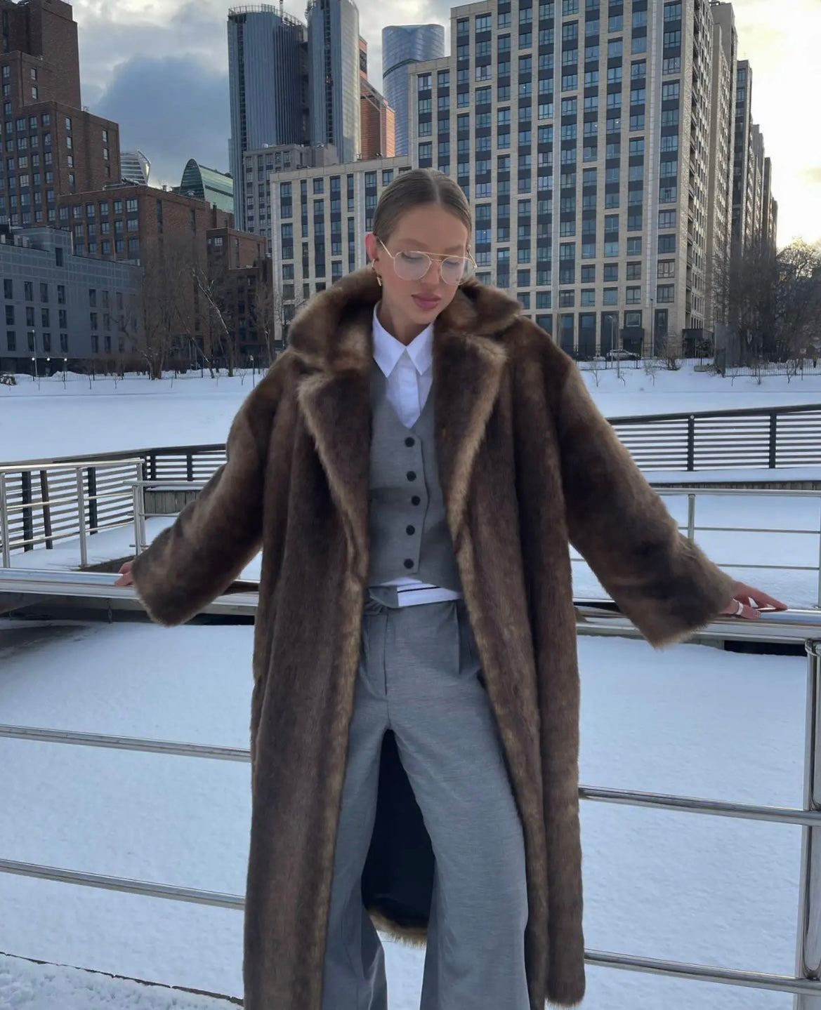 Anya Brown faux fur coat