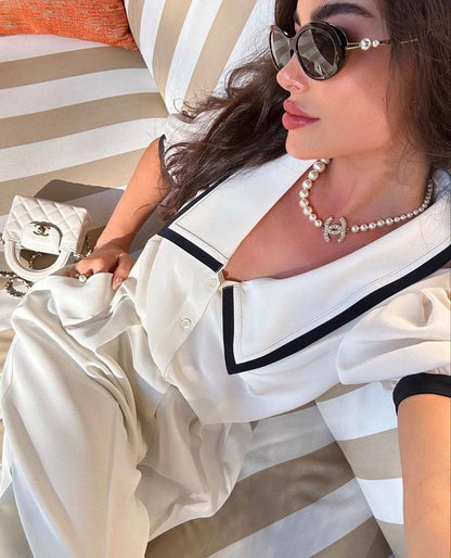 Monica short sleeve blouse and wide fit pants set