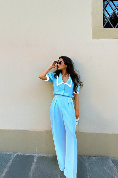 Monica short sleeve blouse and wide fit pants set